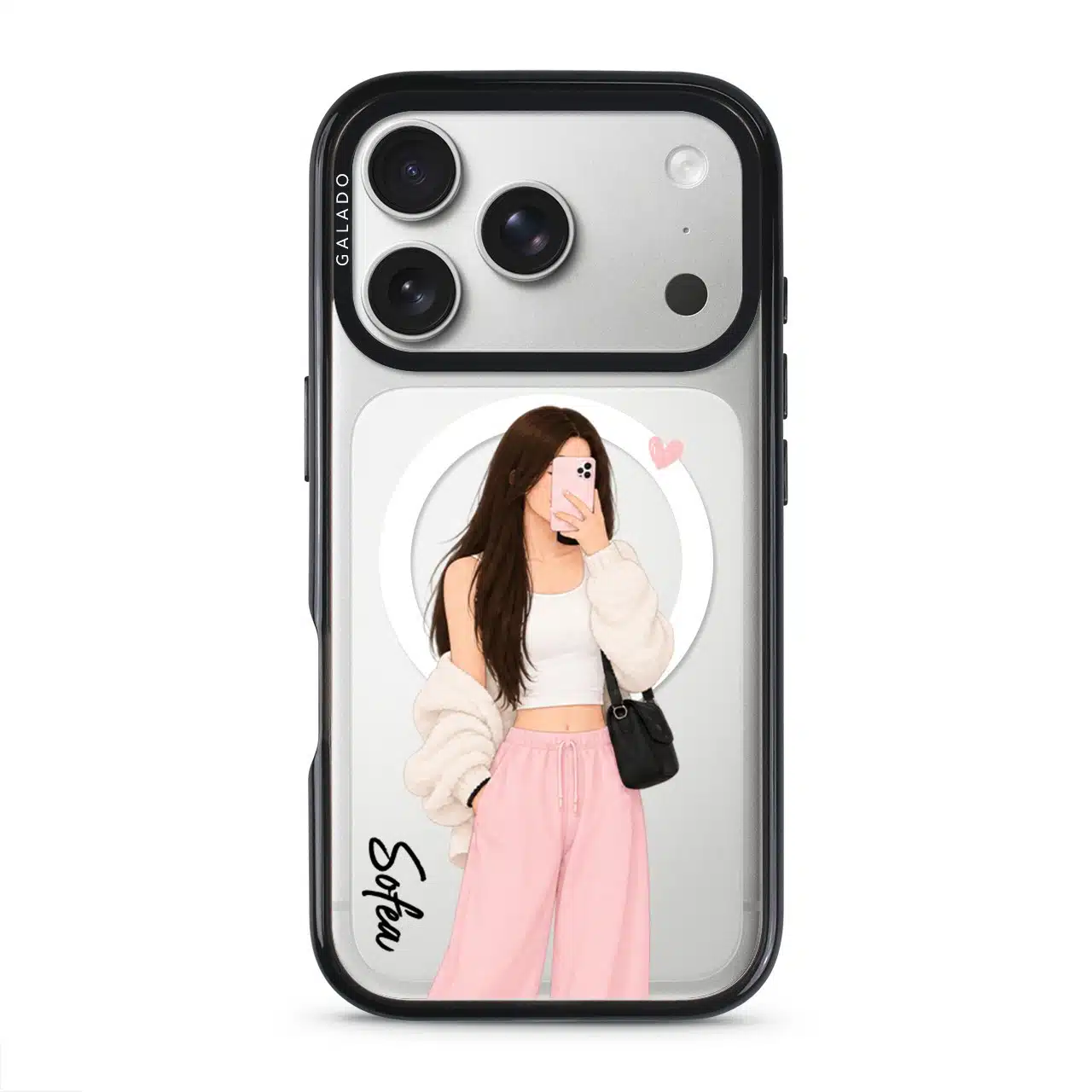 Off Duty phone case, an illustrated woman in a cream cardigan and pink trousers