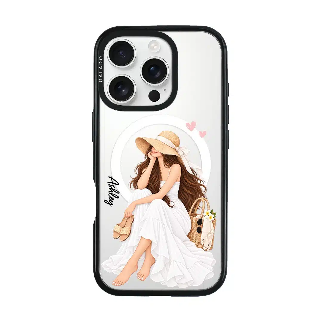 Sun-Kissed Weekend phone case, an illustrated woman in a white dress and sun hat