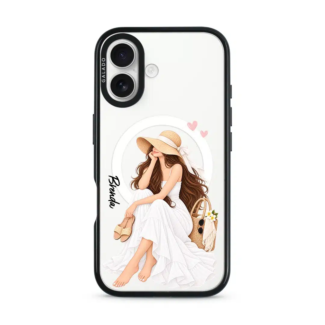 Sun-Kissed Weekend phone case, an illustrated woman in a white dress and sun hat