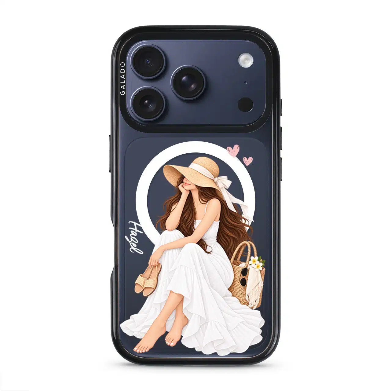 Sun-Kissed Weekend phone case, an illustrated woman in a white dress and sun hat