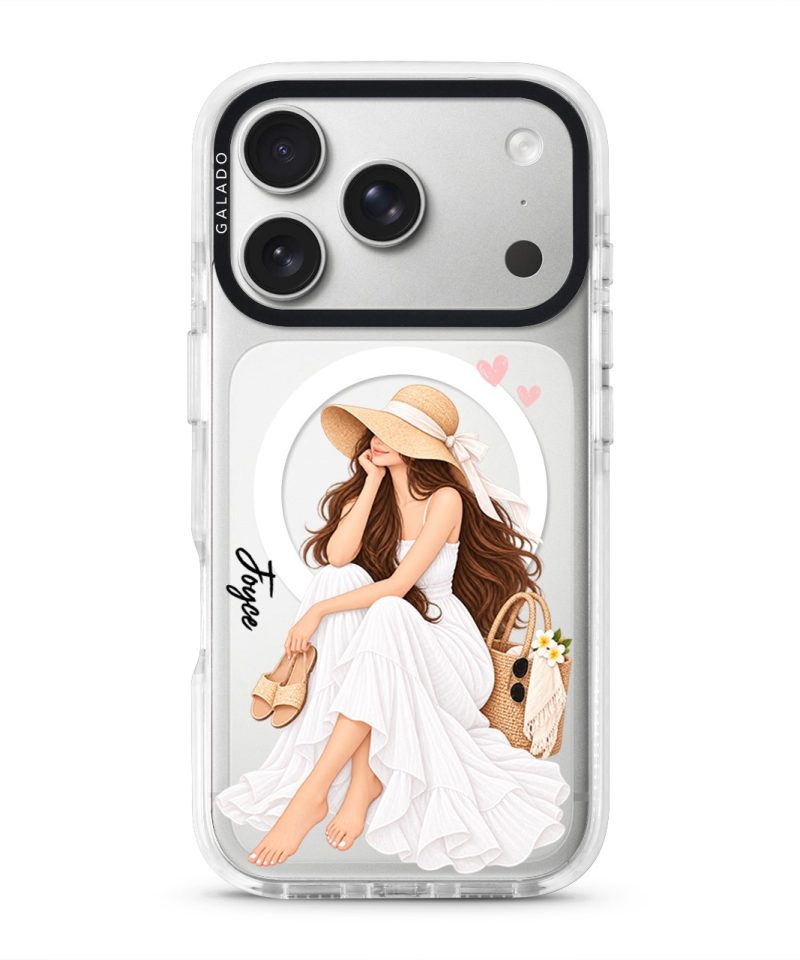 Sun-Kissed Weekend phone case, an illustrated woman in a white dress and sun hat
