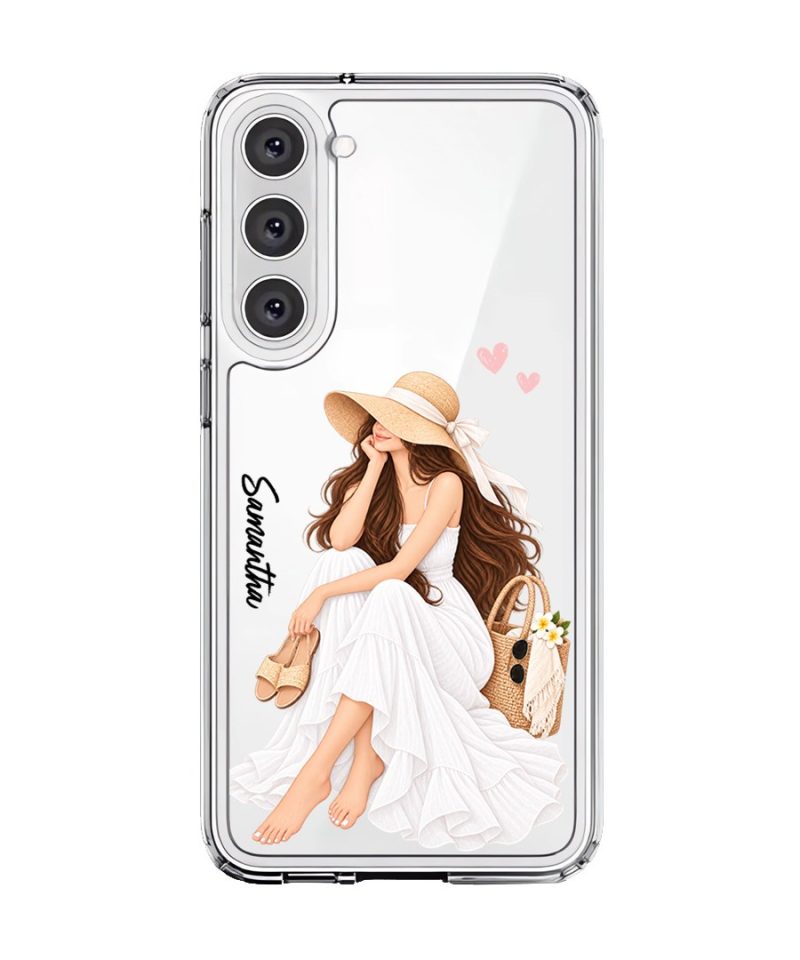 Sun-Kissed Weekend phone case, an illustrated woman in a white dress and sun hat