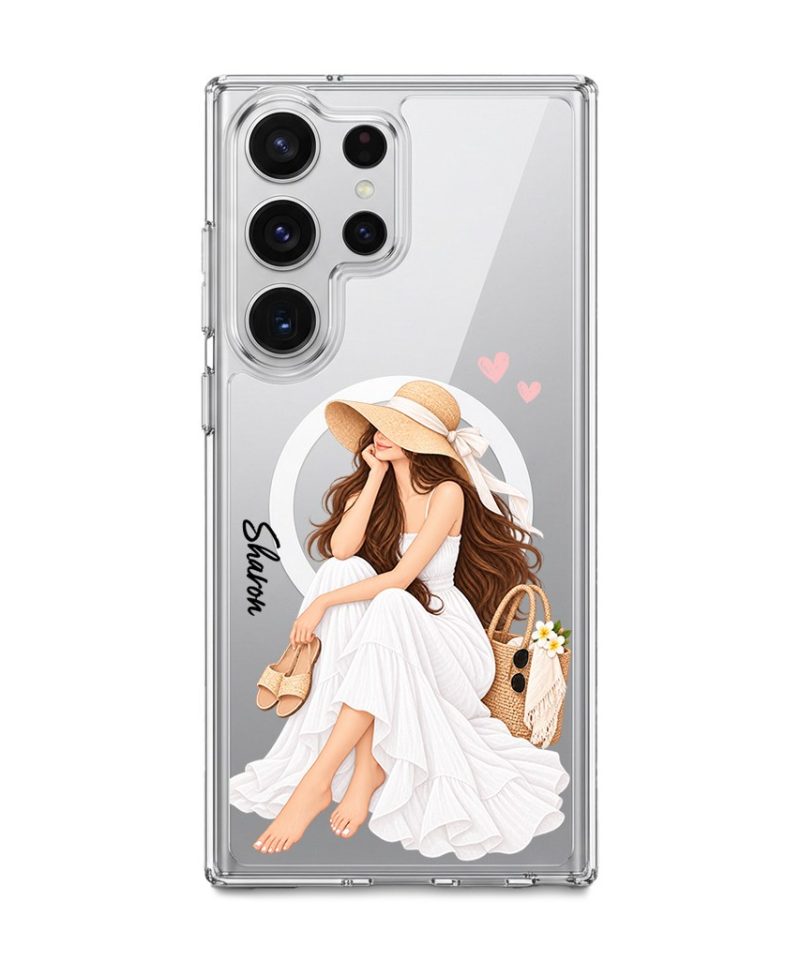 Sun-Kissed Weekend phone case, an illustrated woman in a white dress and sun hat