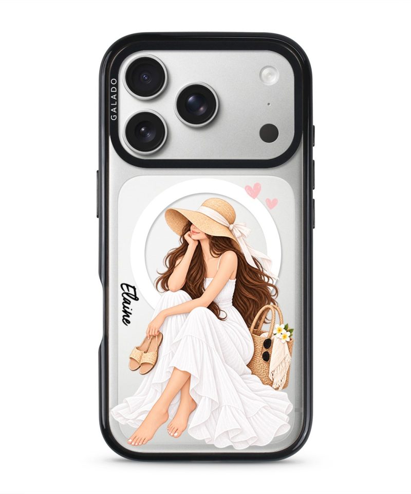 Sun-Kissed Weekend phone case, an illustrated woman in a white dress and sun hat