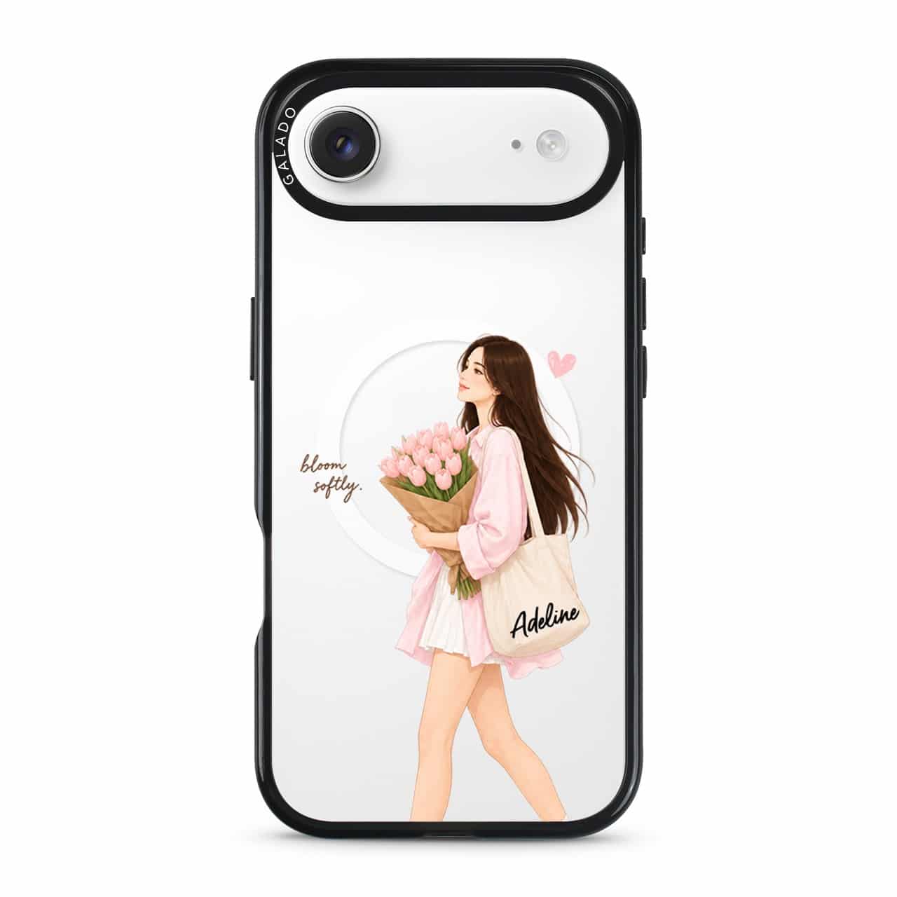 Tulip Stroll phone case, an illustrated woman carrying a bouquet of pink tulips