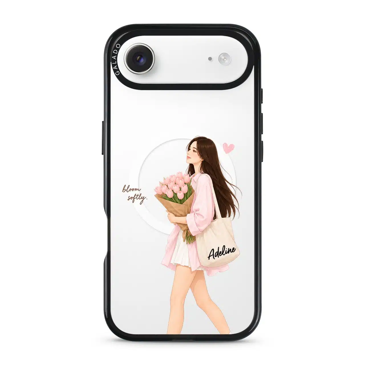 Tulip Stroll phone case, an illustrated woman carrying a bouquet of pink tulips