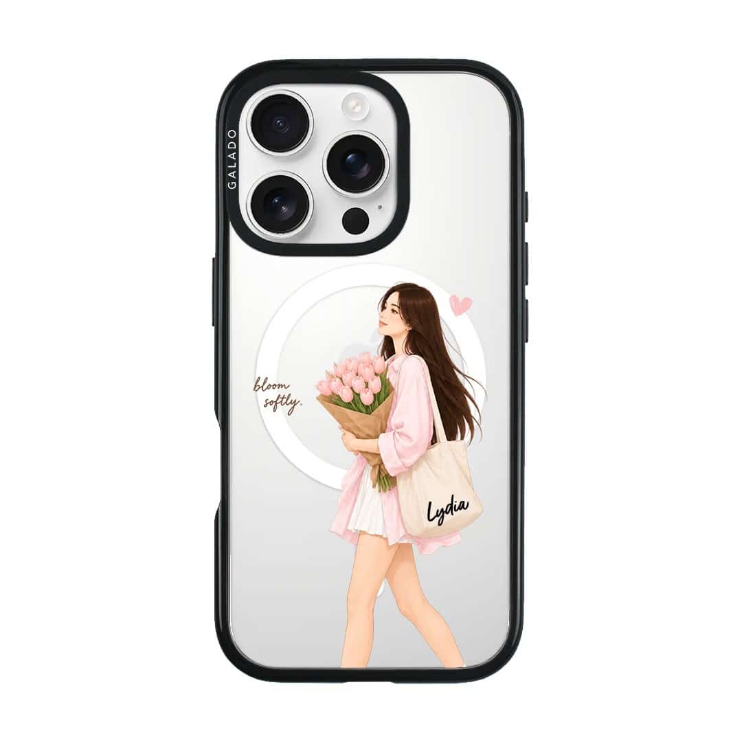 Tulip Stroll phone case, an illustrated woman carrying a bouquet of pink tulips