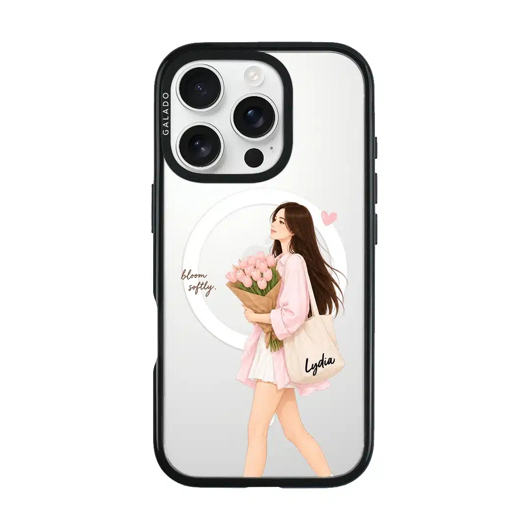 Tulip Stroll phone case, an illustrated woman carrying a bouquet of pink tulips