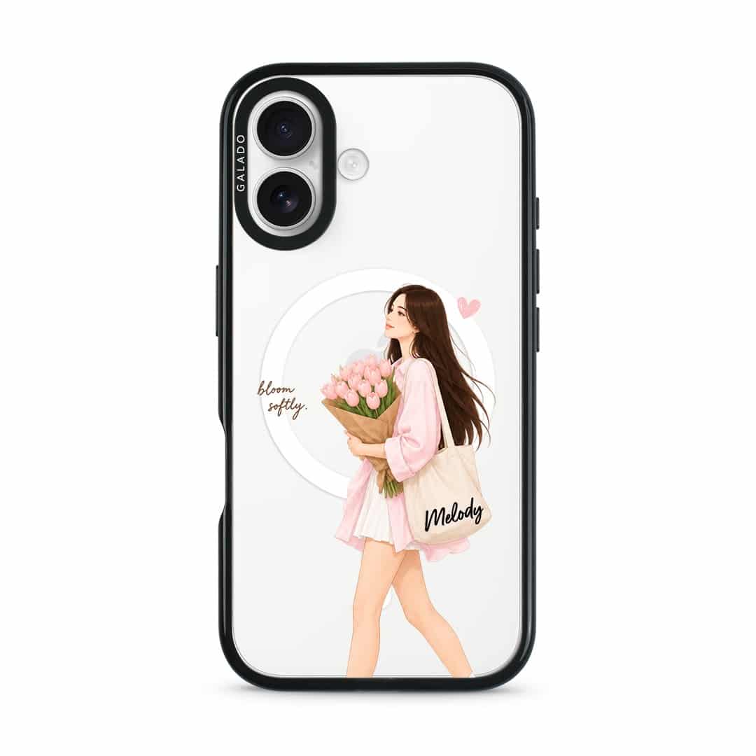 Tulip Stroll phone case, an illustrated woman carrying a bouquet of pink tulips