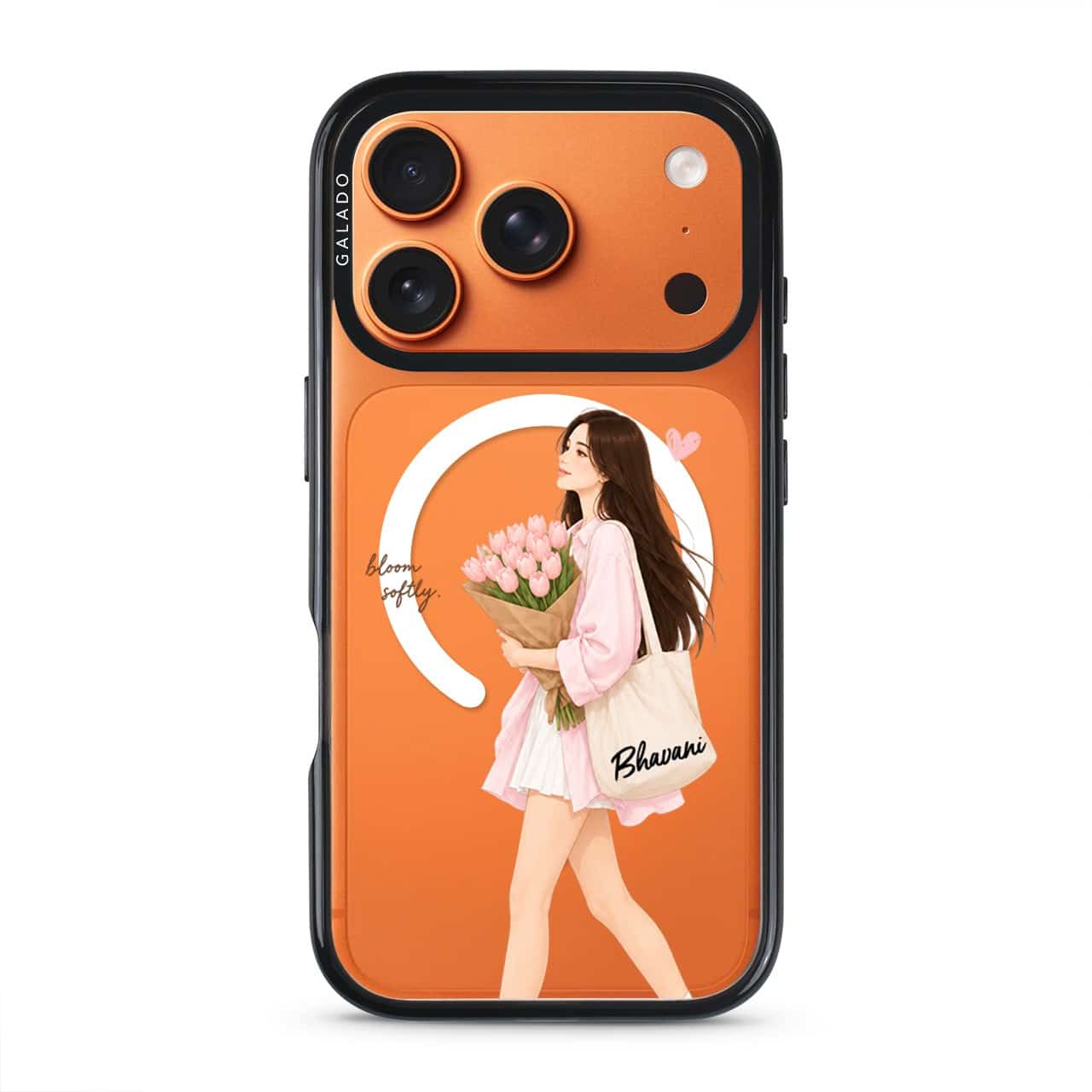 Tulip Stroll phone case, an illustrated woman carrying a bouquet of pink tulips