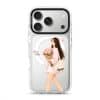 Tulip Stroll phone case, an illustrated woman carrying a bouquet of pink tulips