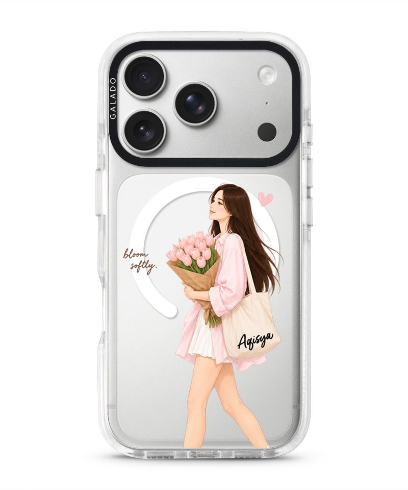 Tulip Stroll phone case, an illustrated woman carrying a bouquet of pink tulips