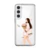 Tulip Stroll phone case, an illustrated woman carrying a bouquet of pink tulips