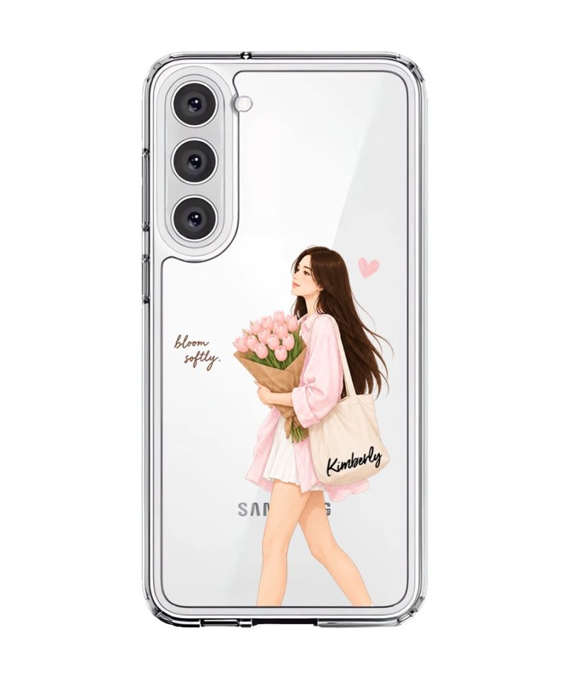Tulip Stroll phone case, an illustrated woman carrying a bouquet of pink tulips
