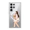 Tulip Stroll phone case, an illustrated woman carrying a bouquet of pink tulips