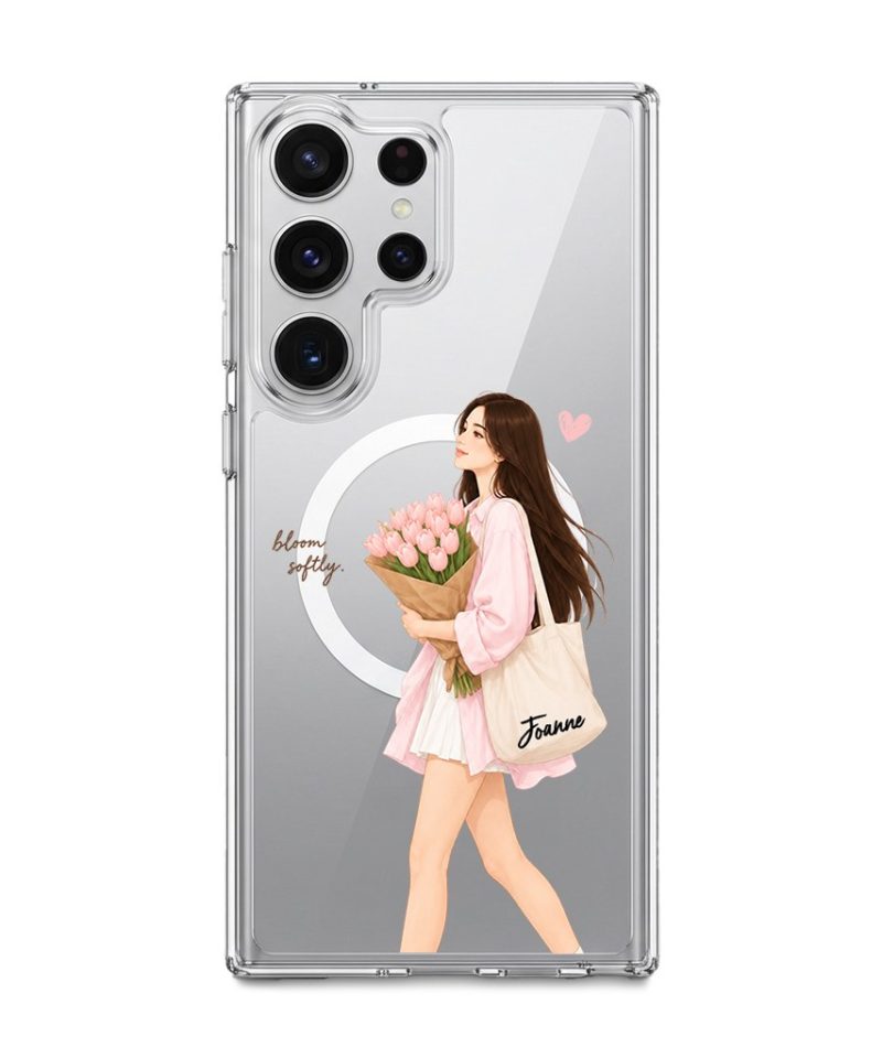 Tulip Stroll phone case, an illustrated woman carrying a bouquet of pink tulips
