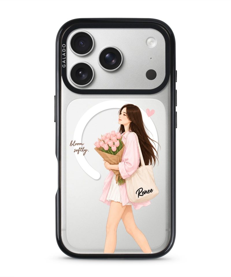 Tulip Stroll phone case, an illustrated woman carrying a bouquet of pink tulips