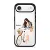Weekend Ride phone case, an illustrated woman with a bicycle and a basket of flowers