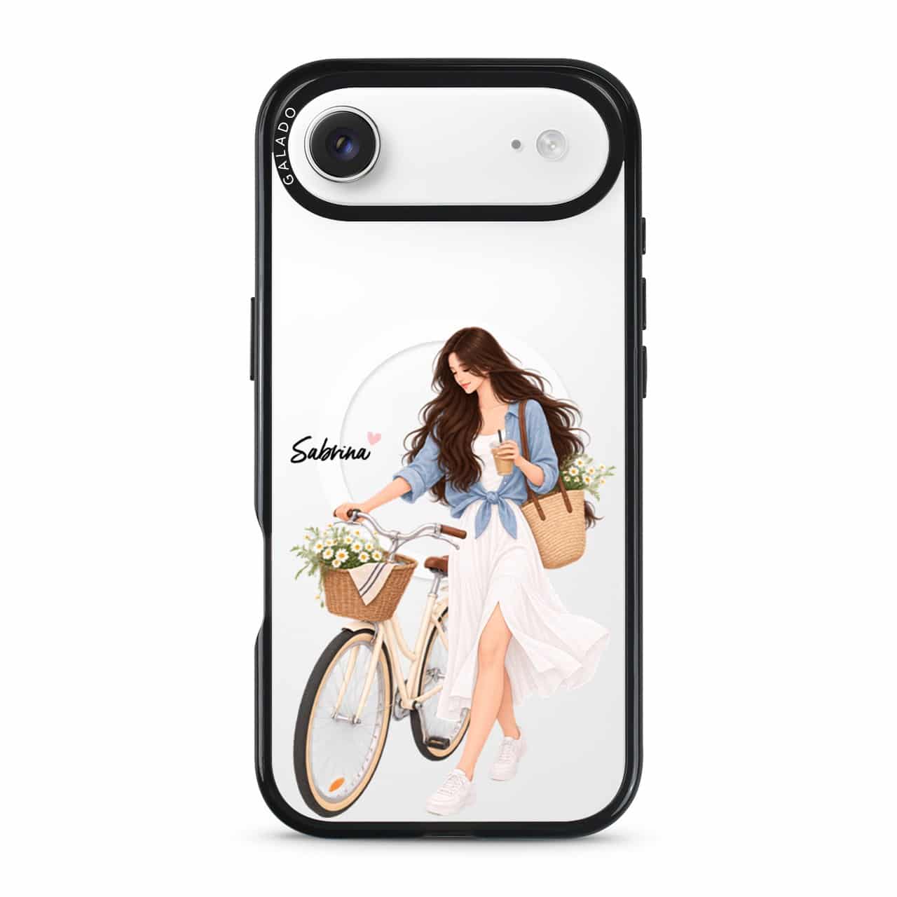 Weekend Ride phone case, an illustrated woman with a bicycle and a basket of flowers