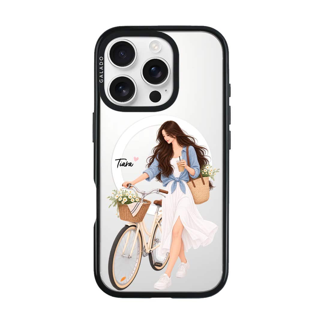 Weekend Ride phone case, an illustrated woman with a bicycle and a basket of flowers