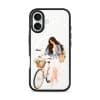 Weekend Ride phone case, an illustrated woman with a bicycle and a basket of flowers