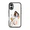 Weekend Ride phone case, an illustrated woman with a bicycle and a basket of flowers