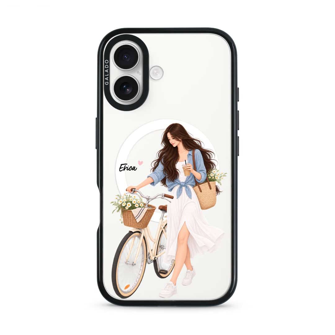 Weekend Ride phone case, an illustrated woman with a bicycle and a basket of flowers