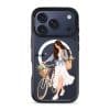Weekend Ride phone case, an illustrated woman with a bicycle and a basket of flowers