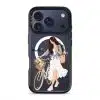 Weekend Ride phone case, an illustrated woman with a bicycle and a basket of flowers