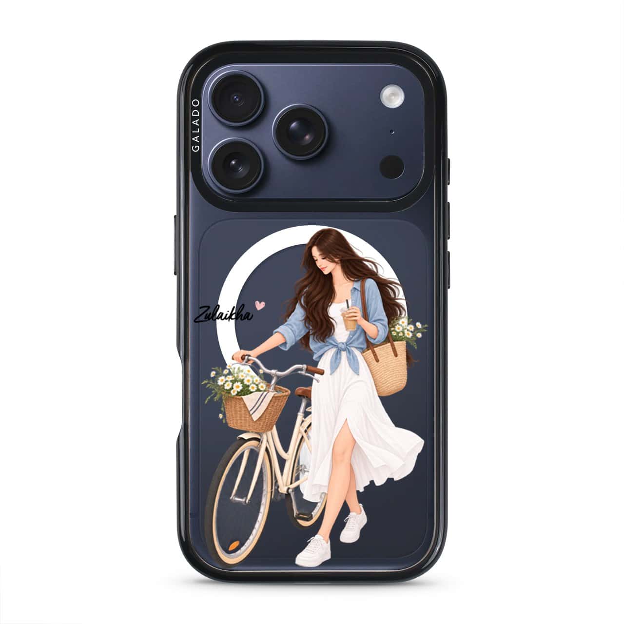Weekend Ride phone case, an illustrated woman with a bicycle and a basket of flowers
