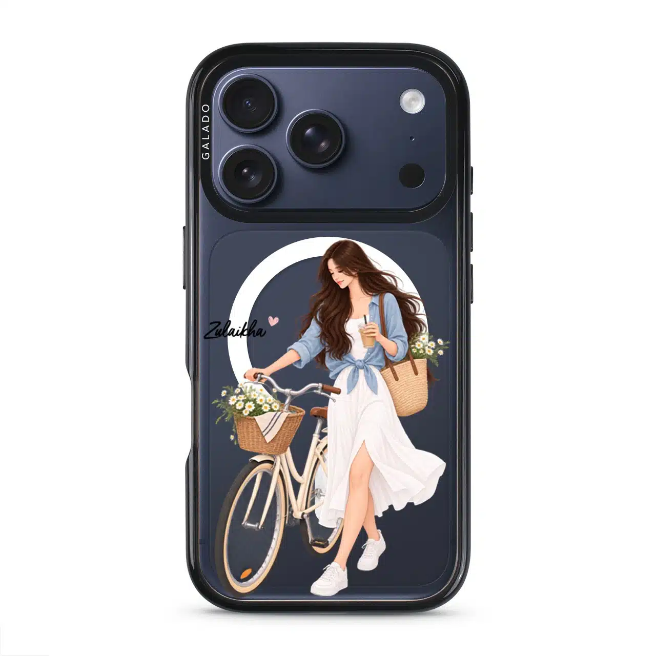 Weekend Ride phone case, an illustrated woman with a bicycle and a basket of flowers