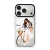 Weekend Ride phone case, an illustrated woman with a bicycle and a basket of flowers