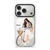 Weekend Ride phone case, an illustrated woman with a bicycle and a basket of flowers