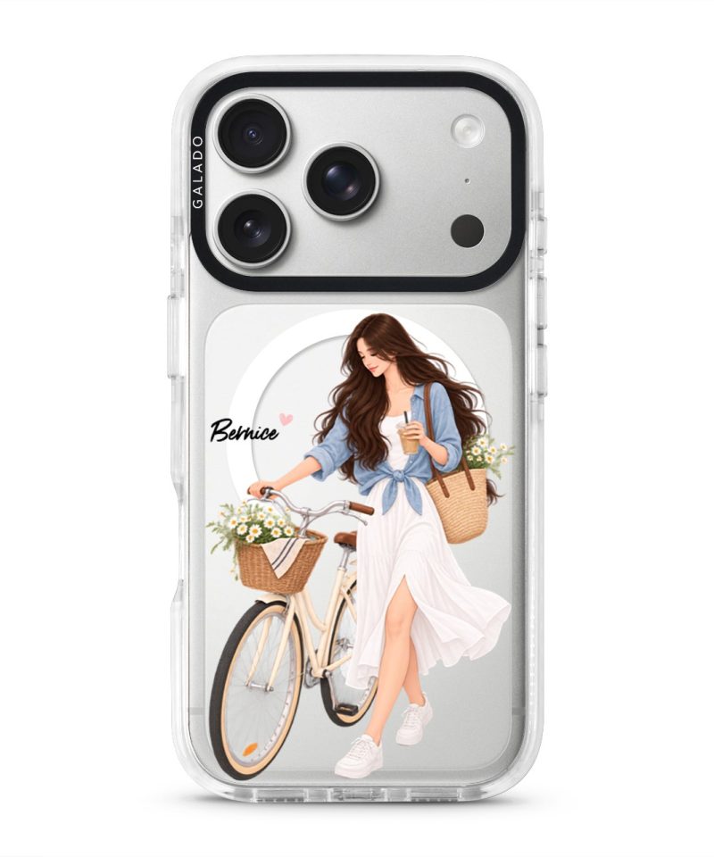Weekend Ride phone case, an illustrated woman with a bicycle and a basket of flowers