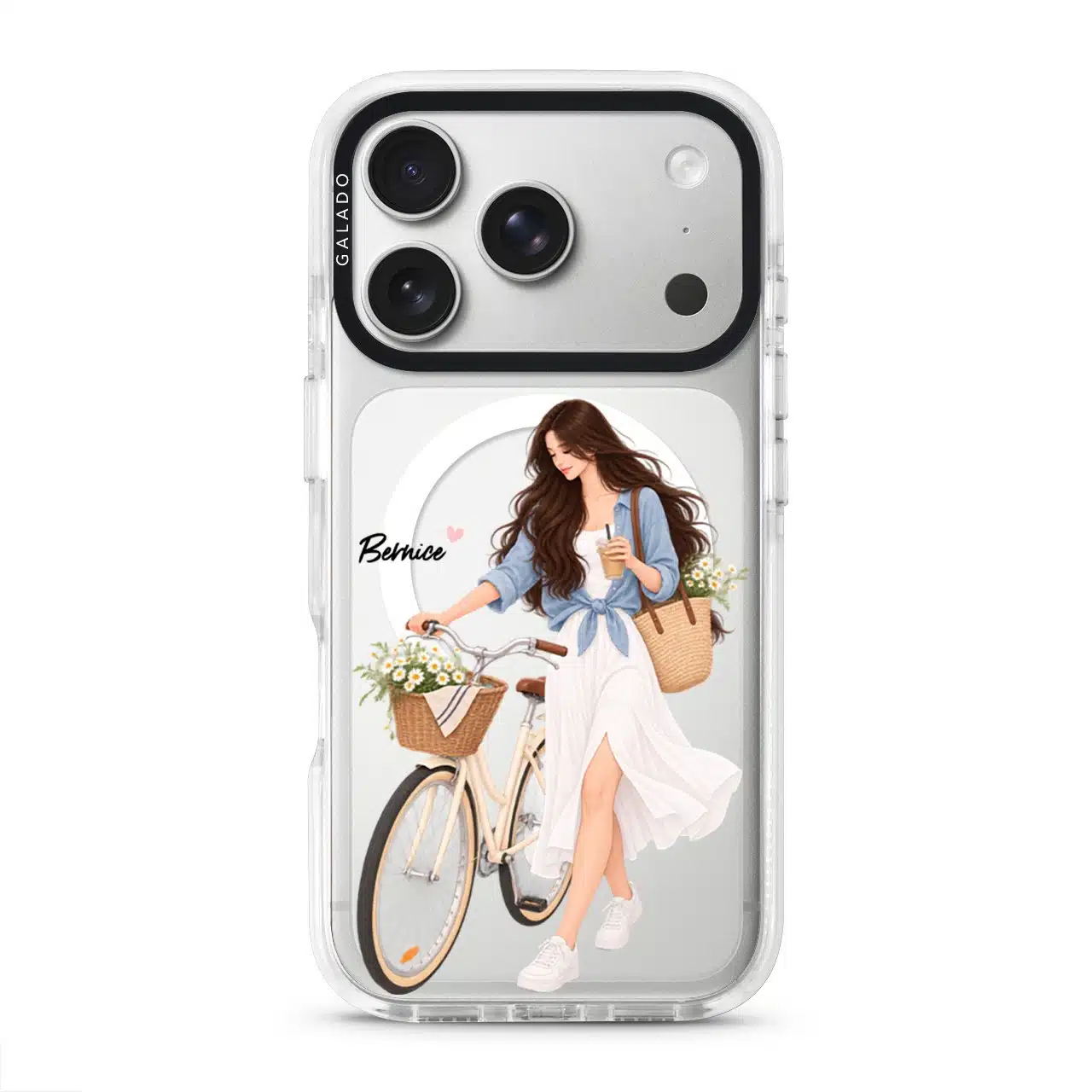 Weekend Ride phone case, an illustrated woman with a bicycle and a basket of flowers