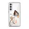 Weekend Ride phone case, an illustrated woman with a bicycle and a basket of flowers