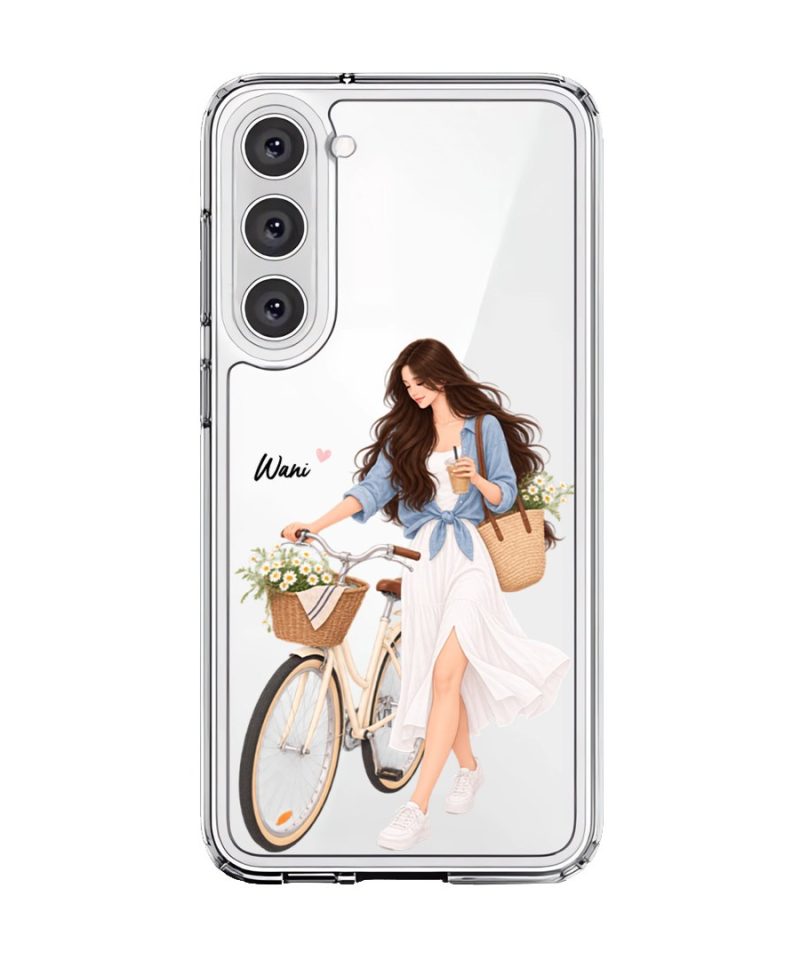 Weekend Ride phone case, an illustrated woman with a bicycle and a basket of flowers