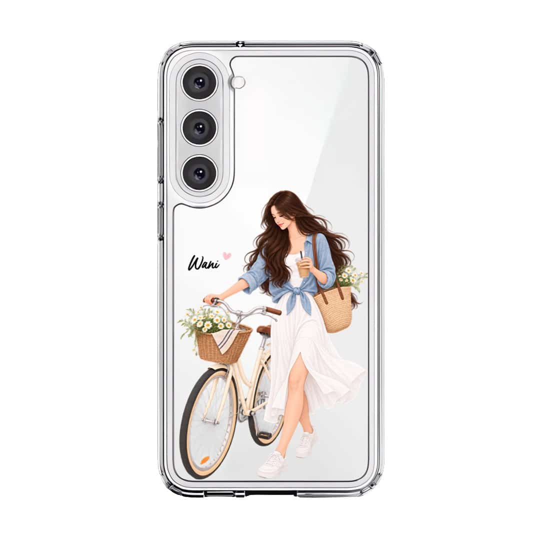 Weekend Ride phone case, an illustrated woman with a bicycle and a basket of flowers