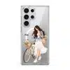 Weekend Ride phone case, an illustrated woman with a bicycle and a basket of flowers