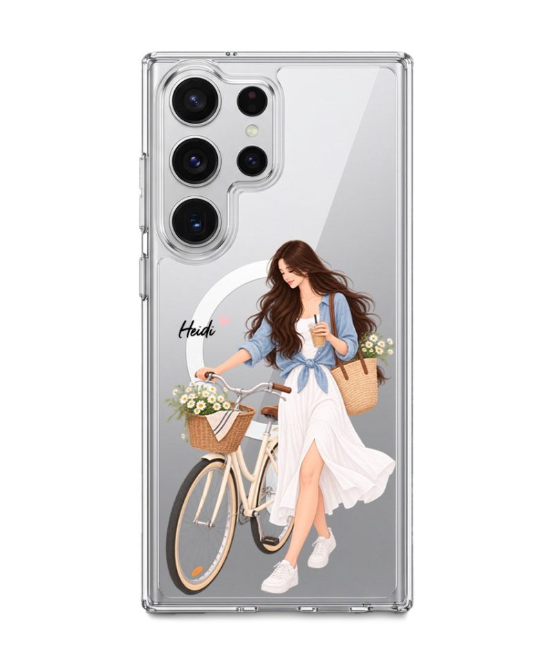 Weekend Ride phone case, an illustrated woman with a bicycle and a basket of flowers