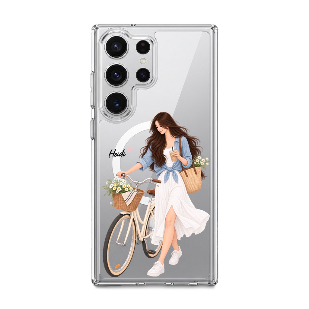 Weekend Ride phone case, an illustrated woman with a bicycle and a basket of flowers
