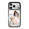 Weekend Ride phone case, an illustrated woman with a bicycle and a basket of flowers