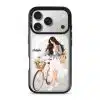 Weekend Ride phone case, an illustrated woman with a bicycle and a basket of flowers