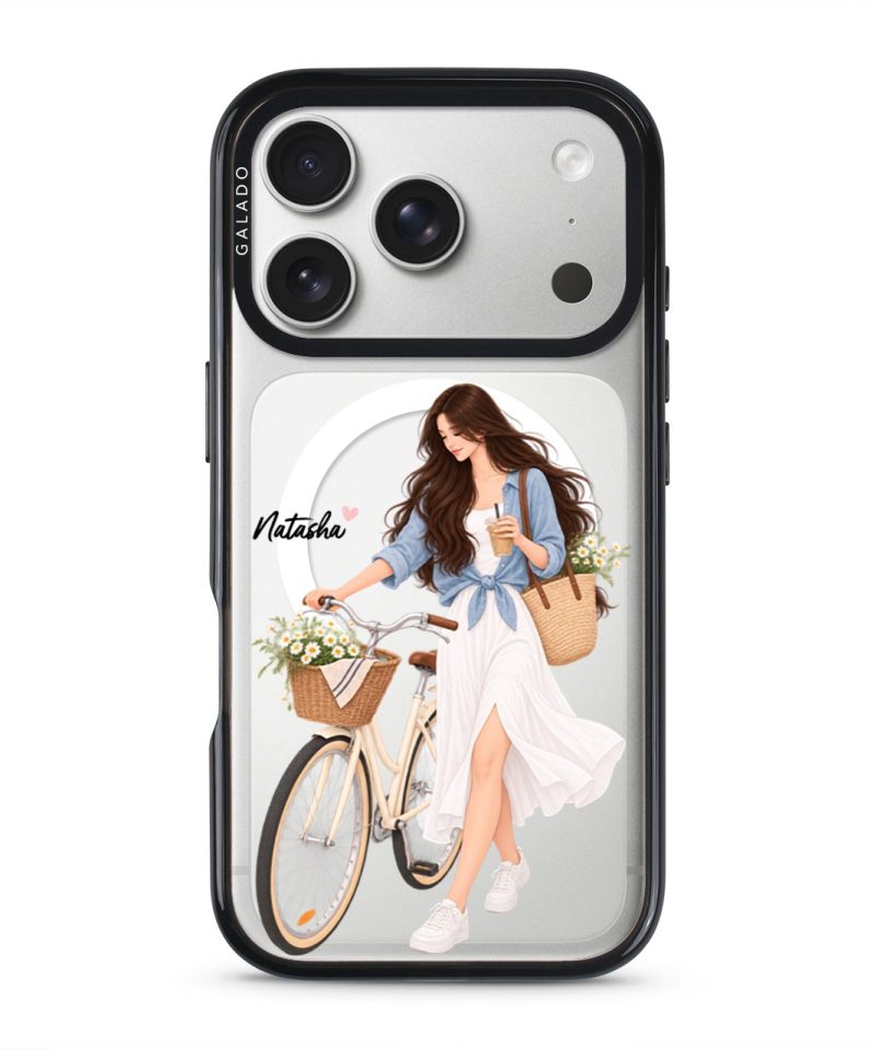 Weekend Ride phone case, an illustrated woman with a bicycle and a basket of flowers