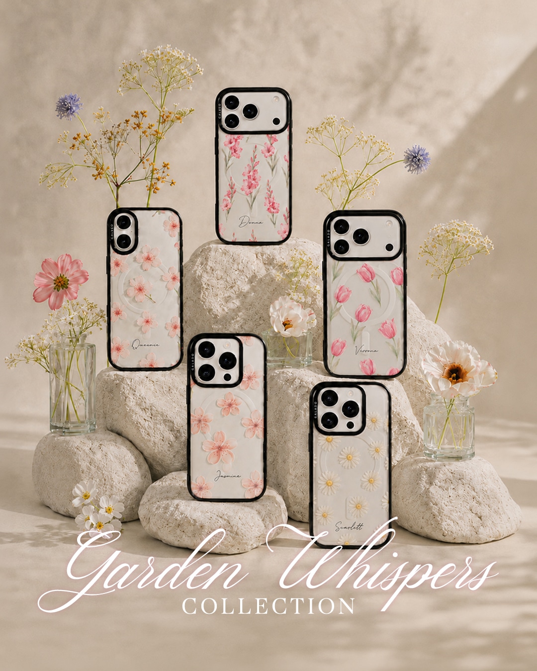 Garden Whispers Collection by GALADO, five floral custom name phone cases styled with dried flowers on stone