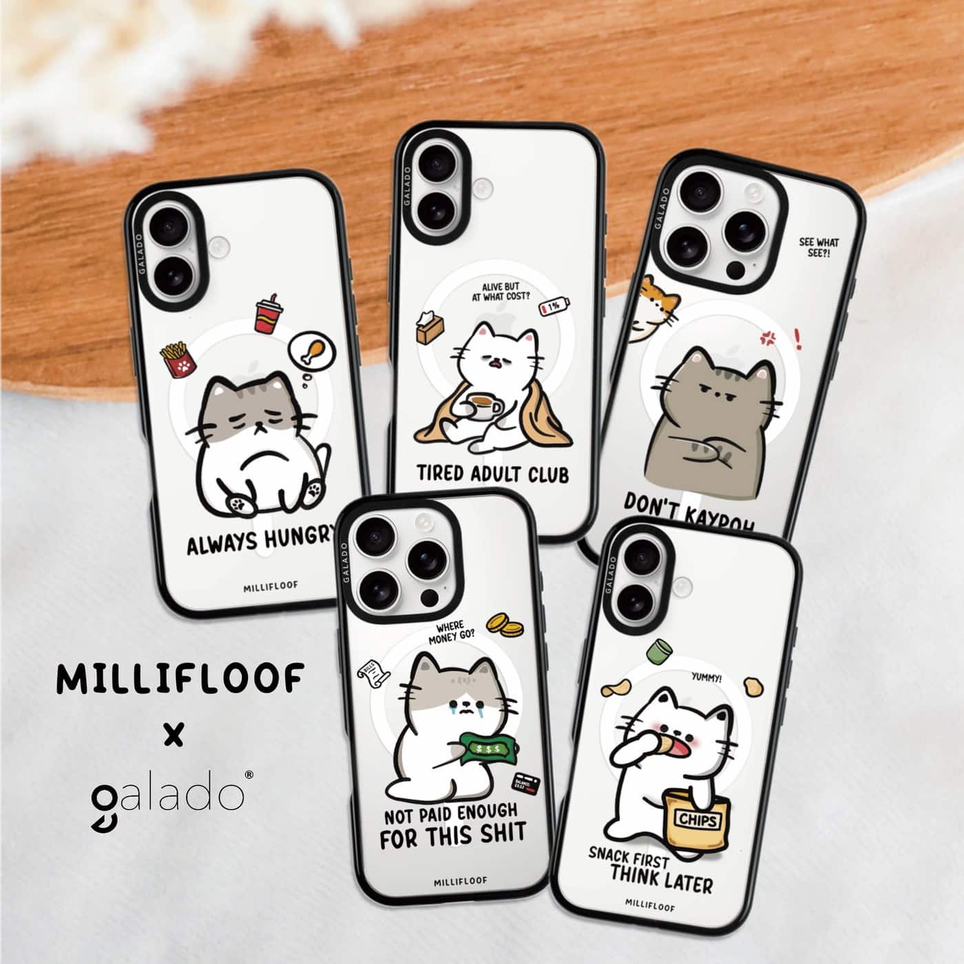 Five Millifloof phone cases from the GALADO collection laid out on wood and linen