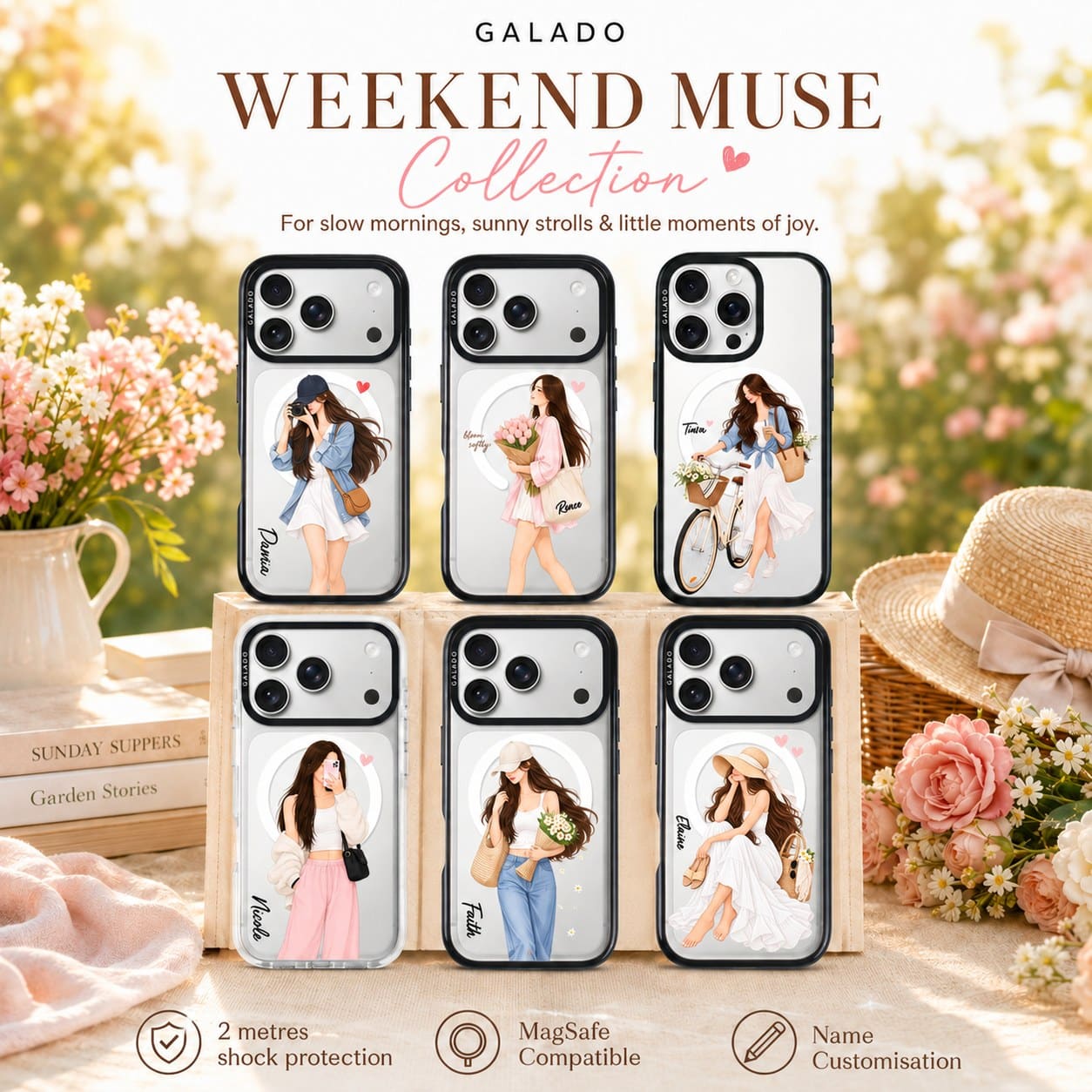 The GALADO Weekend Muse collection, six illustrated phone cases