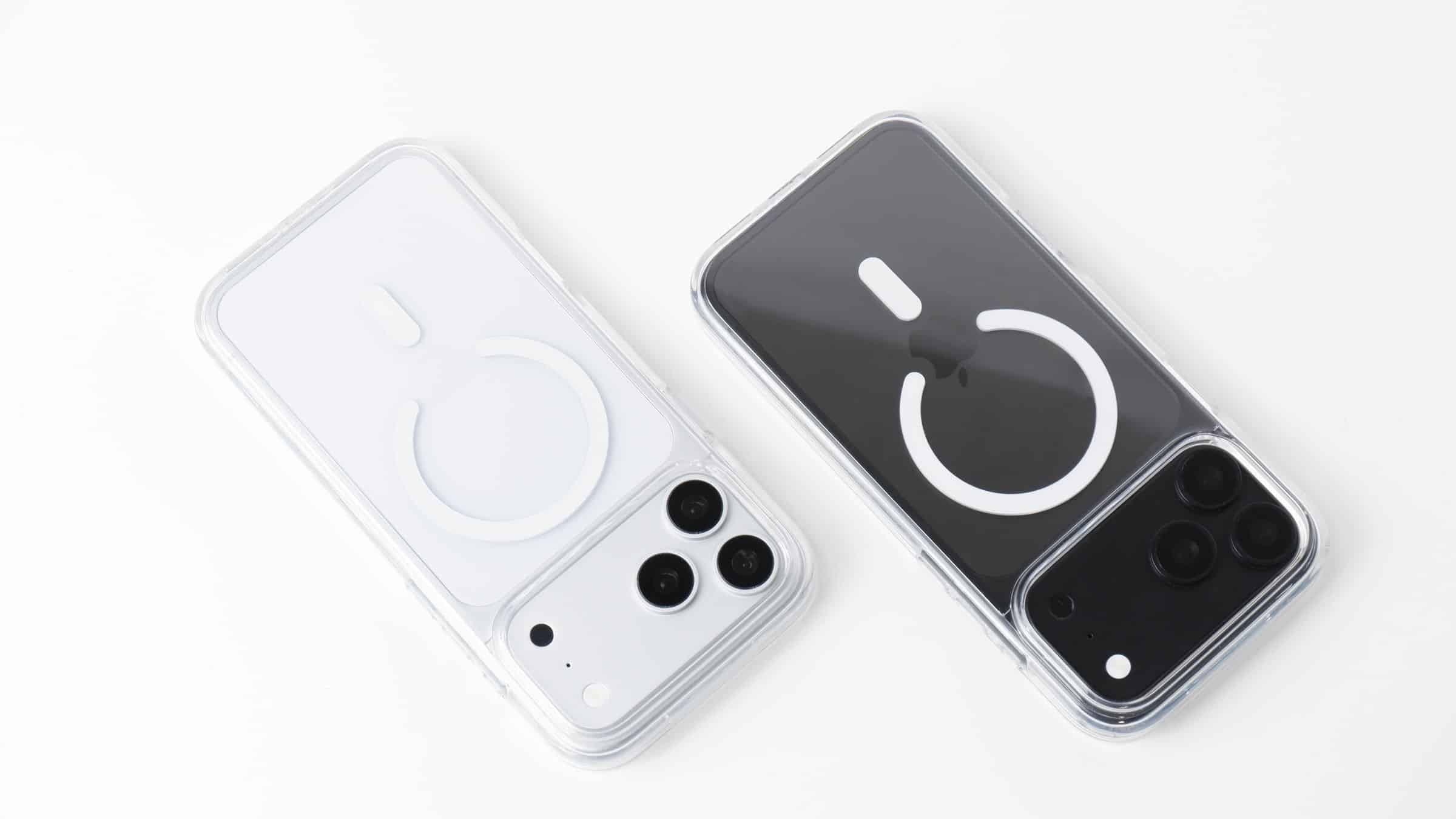 Two iPhone 18 Pro in GALADO Clear Guard cases, silver and black, lying flat