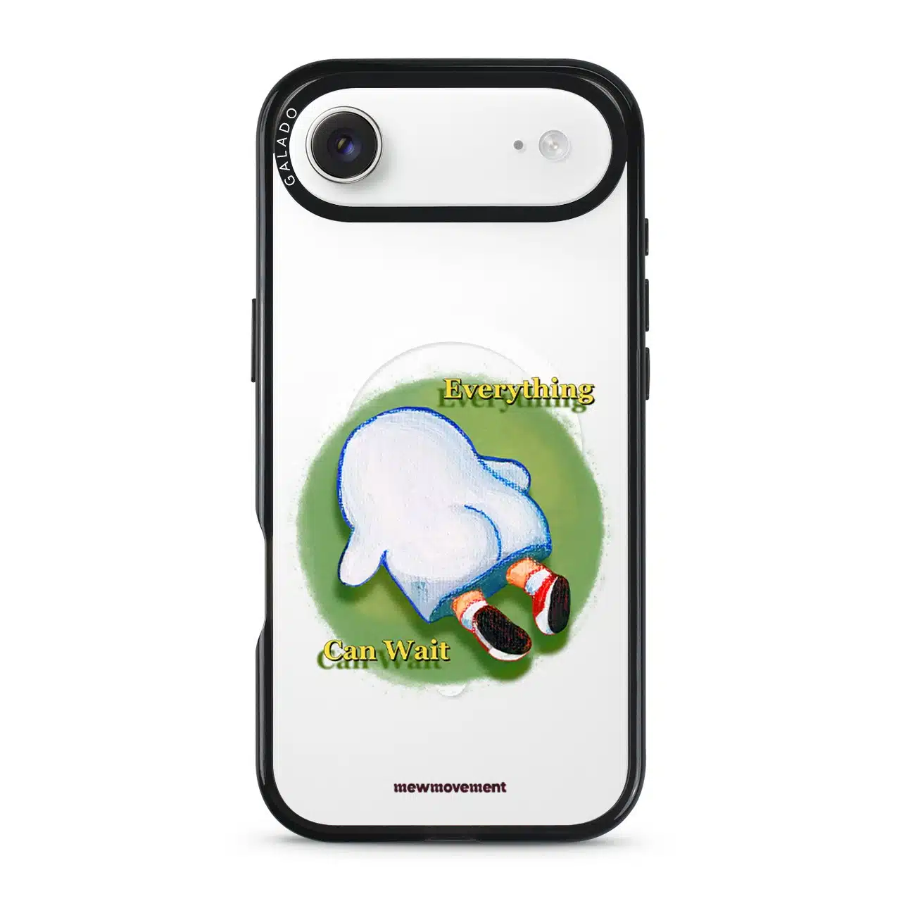 Brief Pause phone case by Mewmovement, a character lying on green grass under the words Everything Can Wait