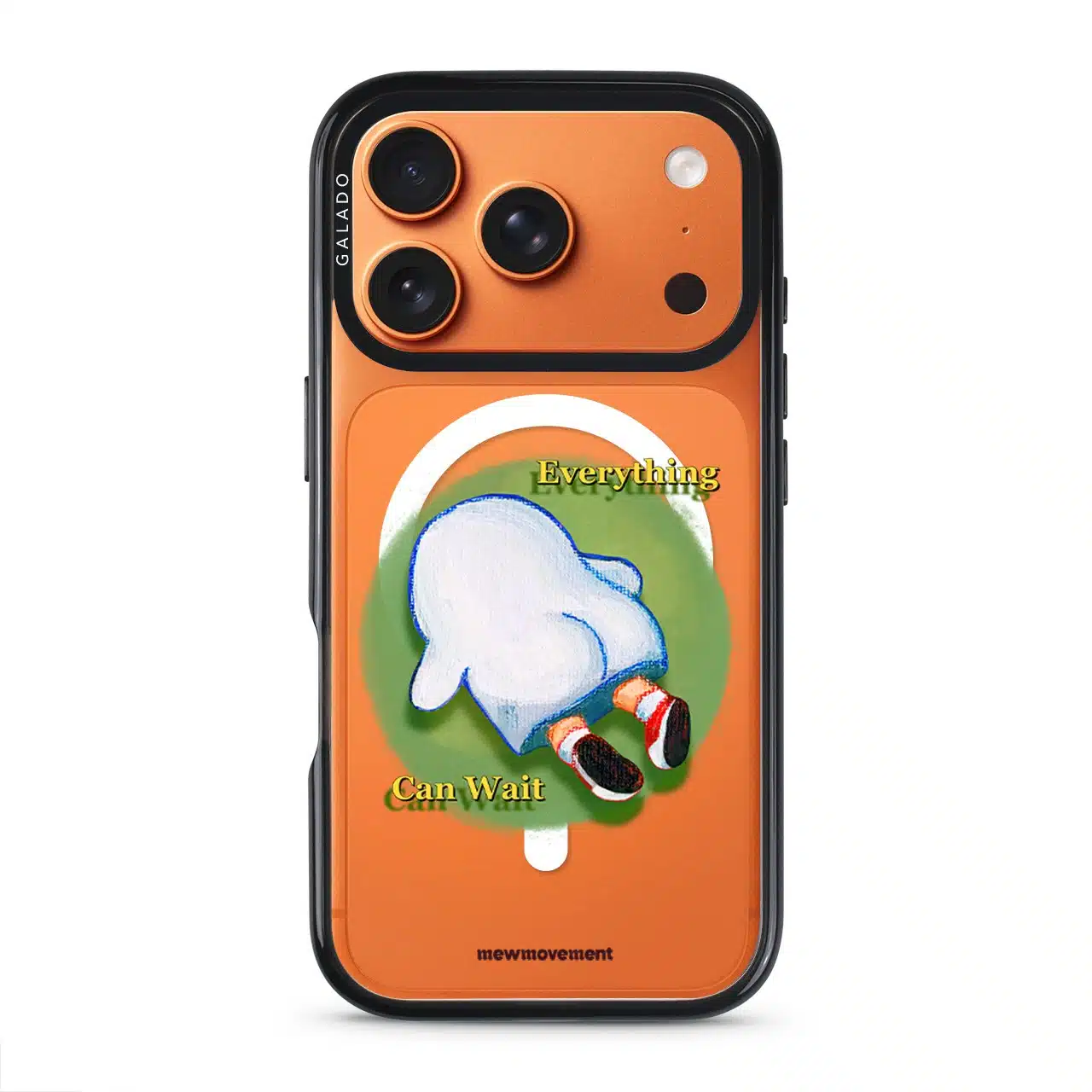 Brief Pause phone case by Mewmovement, a character lying on green grass under the words Everything Can Wait